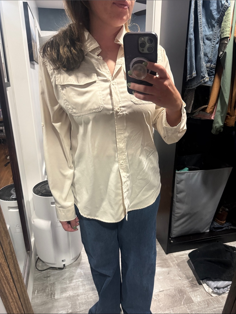 Cream Button-Front Women's Shirt - Classic Long Sleeve